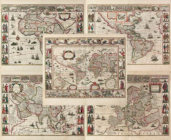 BLAEU, W.J., Nova Totius Terrarum Orbis Geographica ac Hydrographica Tabula auct: Guiljelmo Blaeuw [and] Africae nova descriptio [and] Americae nova Tabula [and] Asia noviter delineata [and] Europa recens descripta, antique map, old maps