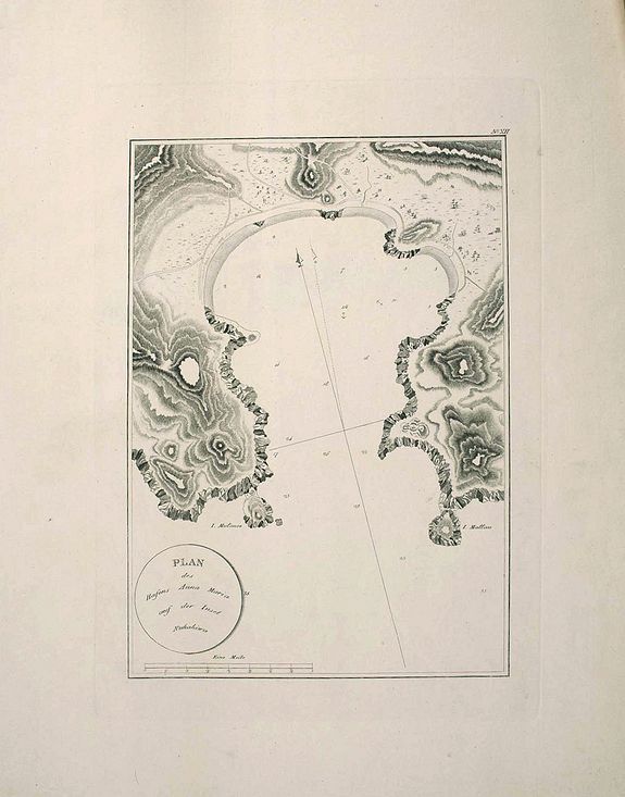 KRUSENSTERN, A.I. /TILESIUS, W., Map of Port Anna Maria (Taiohae Bay) at Nukuhiva, Marquesas Islands., antique map, old maps