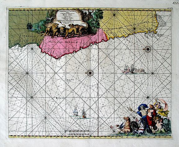 WIT, Frederick de Wit - RENARD, Louis , Cimebebas et Caffariae Littora a Catenbela ad Promontorium Bonae Spei. Pascaerte... Gedruckt tot Amsterdam by L Renard., antique map, old maps