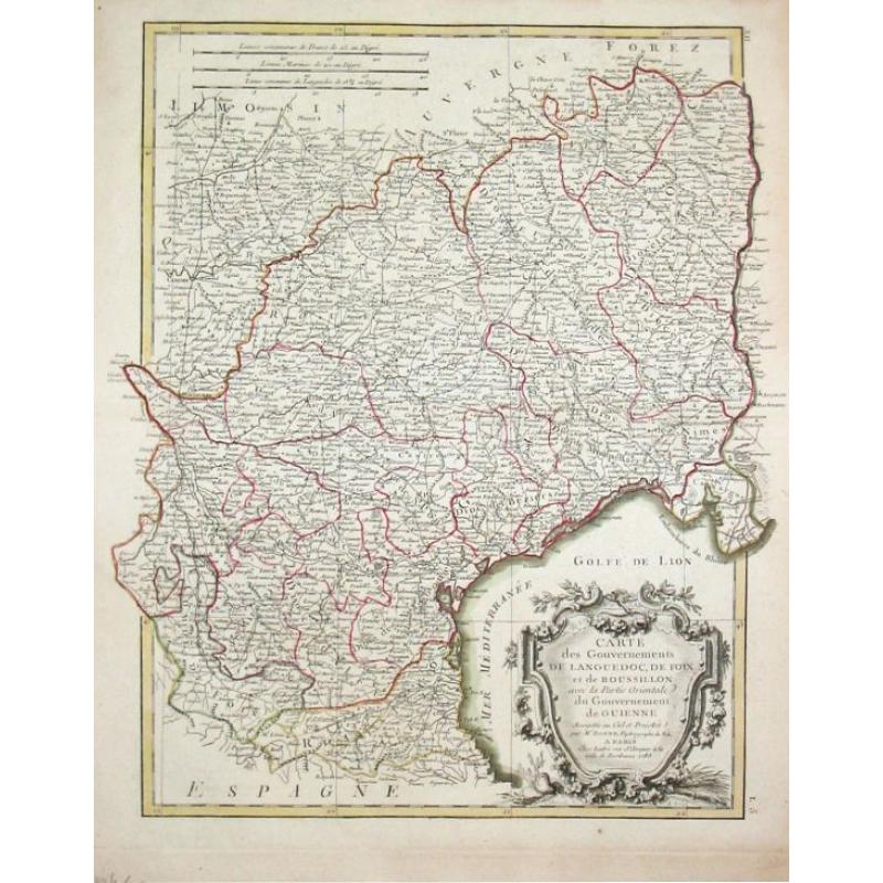 Carte des Gouvernements de Languedoc, de Foix et de Rousillon avec la Partie Oreintale du Gouvernement de Guienne.