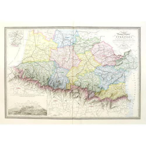 Old map image download for Carte Physique et Routière des Pyrénées donnant les établissements d'Eaux Minérales ainsi que les Endroits remarquables par les Sites pittoresques et Curiosités naturelles, etc.