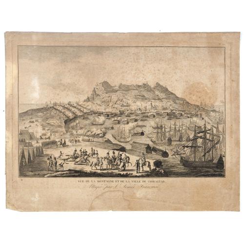 Old map image download for Vue de la Montagne et de la Ville de Gibraltar, attaquée par l'armée Française.