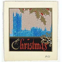 (Art déco gouache with winter scene of The Palace of Westminster )
