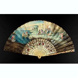 A folding fan showing Cleopatra at the Gates of Alexandria, circa 1750-1760.