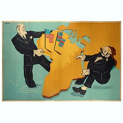Untitled wartime propaganda map poster depicting Roosevelt & Churchill stuggling between each other over the African Continent.