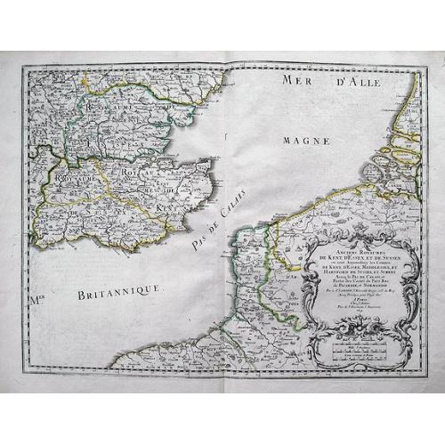 Old map image download for Anciens Royaumes de Kent, d'Essex, et de Sussex: ou sont Aujourdhuy les Comtés de Kent, d'Essex, Middlessex, et Hartford de Sussex, et Surrey. Avecq le Pas de Calais, et Partie des Cotes du Pays Bas, de Picardie, et Normandie.