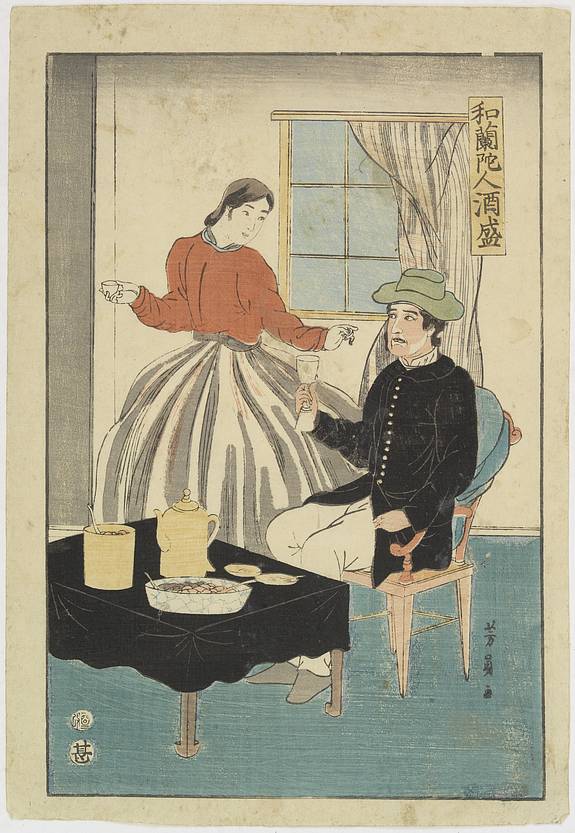 29311/510:YokohamaPrints A couple with man holding a wine glass.