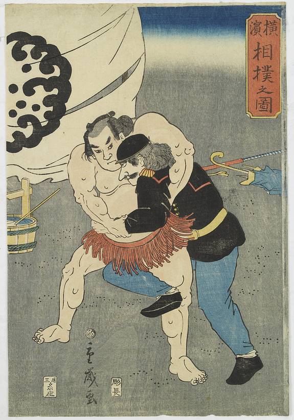 31447/510:YokohamaPrints Sumo wrestler with foreigner.