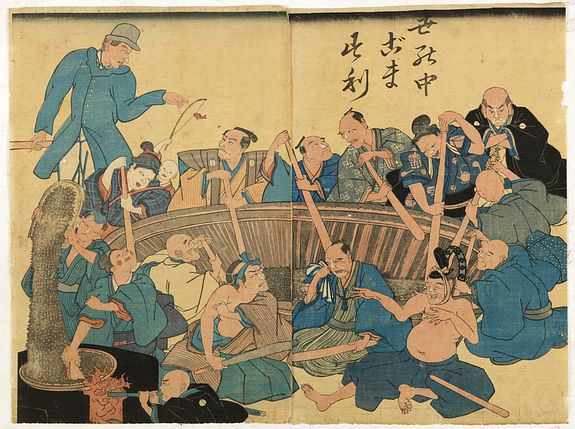 31801/510:YokohamaPrints Dutchman watching Japanese workers grounding sesam seads.