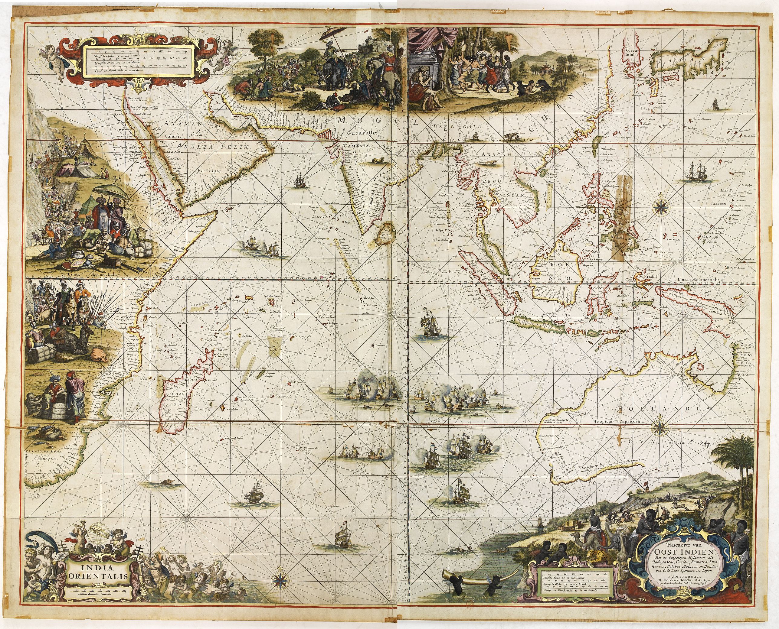 32176/250:Spices Pascaerte van OOST INDIEN, Met de Omgelegen Eylanden; als Madagascar, Ceylon, Sumatra, Iava, Borneo, Celebes, Molucco en Banda : van C. de Bona Speranca tot Japan.