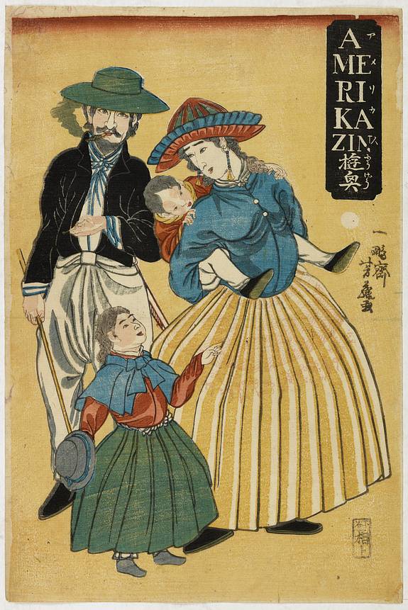 32197/510:YokohamaPrints Amerikajin yūkiō. (AMERIKAZIN??) (American family with children)