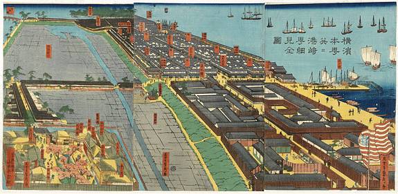 32201/510:YokohamaPrints Yokohama honcho narabini Miyazakicho saiken zenzu. [Detailed views of Yokohama main street and Miyazaki pleasure quarters]