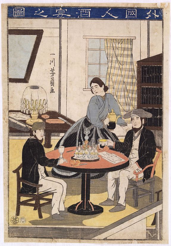 33327/510:YokohamaPrints Gaikokujin shuen no zu  [ Foreigner's drinking. } Seal identifies printed in Man-en 1st, October (1860), many insect bite holes have been repaired from back. 25,000 yen.