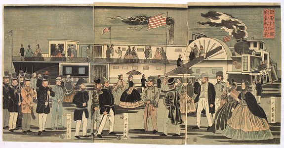 33508/510:YokohamaPrints Amerikakoku joskisha orai.  (Steam Locomotive in an American Town.)