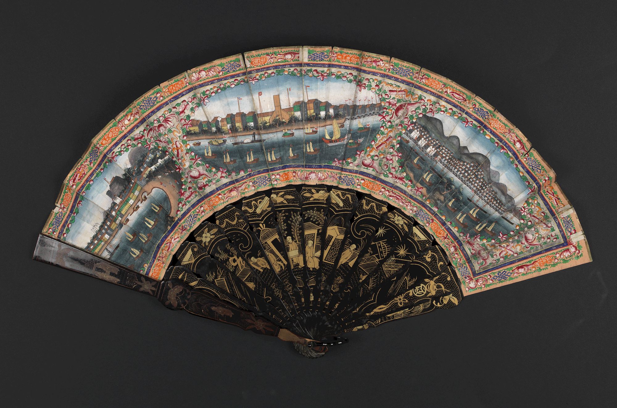 44022/405:ChinaExport A fan combines views of Hong Kong (right), Canton (center), and Macau, China, ca 1850-1860