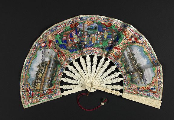 44799/405:ChinaExport A fan combines views of Hong Kong (right), Canton (left), China, ca 1850-1860.