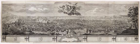AULAGNIER / DURET, Pierre-Jacques / JOULLAIN.&nbsp;-&nbsp;Vue et perspective de la ville de Marseille et ses environs, prise du côté de la belle vue de la plaine St. Michel. Dediée à S. A. S. Mgr. le duc de Penthievre Grand Amiral de France. Par son très humble et très obéissant Serviteur Aulagnier.