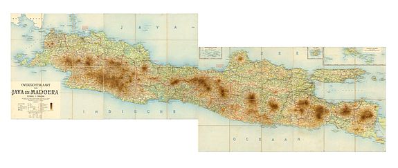 49089/305:BataviaOverzichtskaart van Java en Madoera schaal 1:500.000. Met aanduiding van de politieke indeeling, de organisatie van het bestuur, de bestaande en nog aan te leggen verkeerswegen en van de groote cultuur- en industrieele centra…