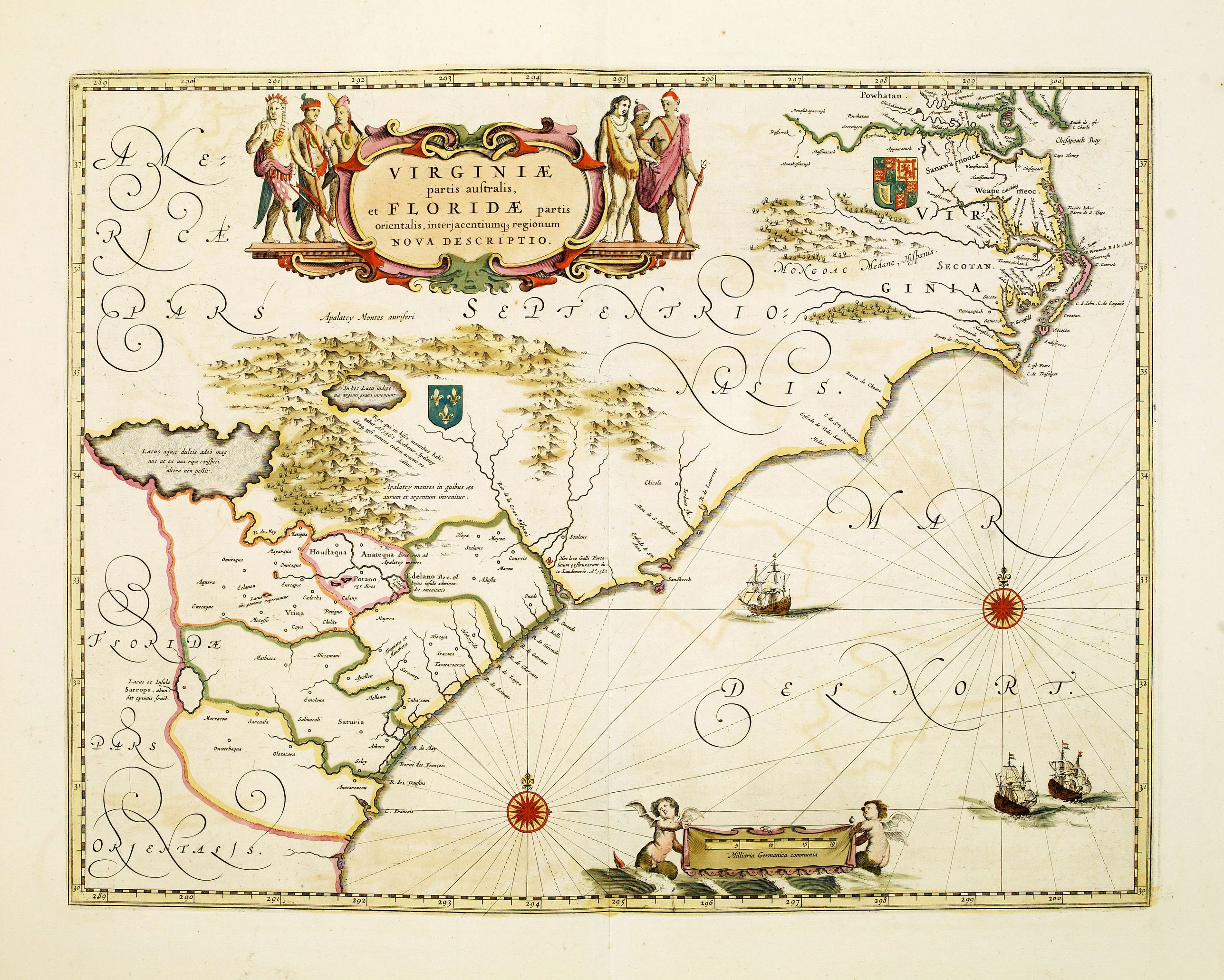 BLAEU, W., Virginiae Partis Australis, et Floridae Partis Orientalis., antique map, old maps