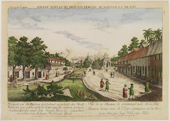 L'ACADEMIE., Vue de la Bastion de Gelderland, hors de la Ville Batavia., antique map, old maps