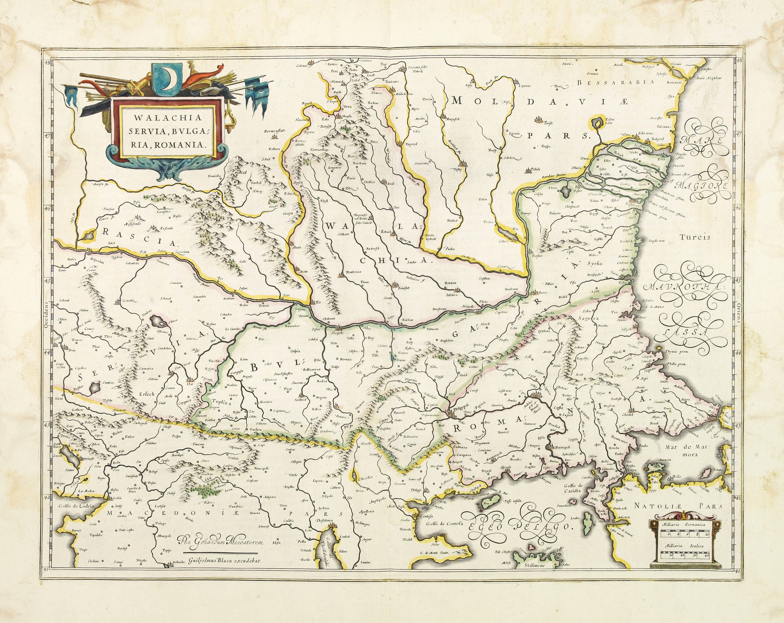 BLAEU, W., Walachia Servia, Bulgaria, Romania., antique map, old maps