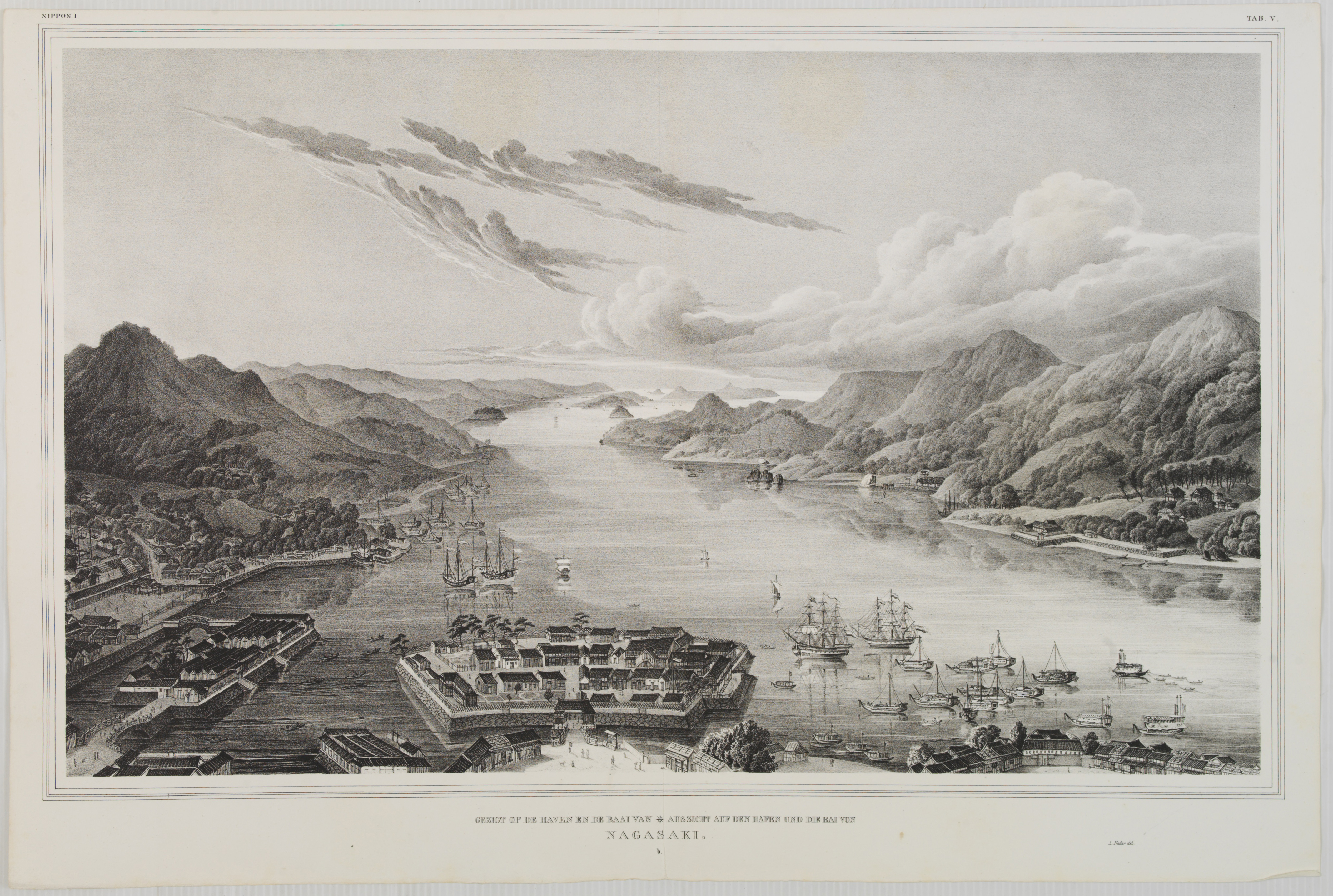 VON SIEBOLD, P.Fr.B., Gezigt op de haven en de baai van Nagasaki., antique map, old maps