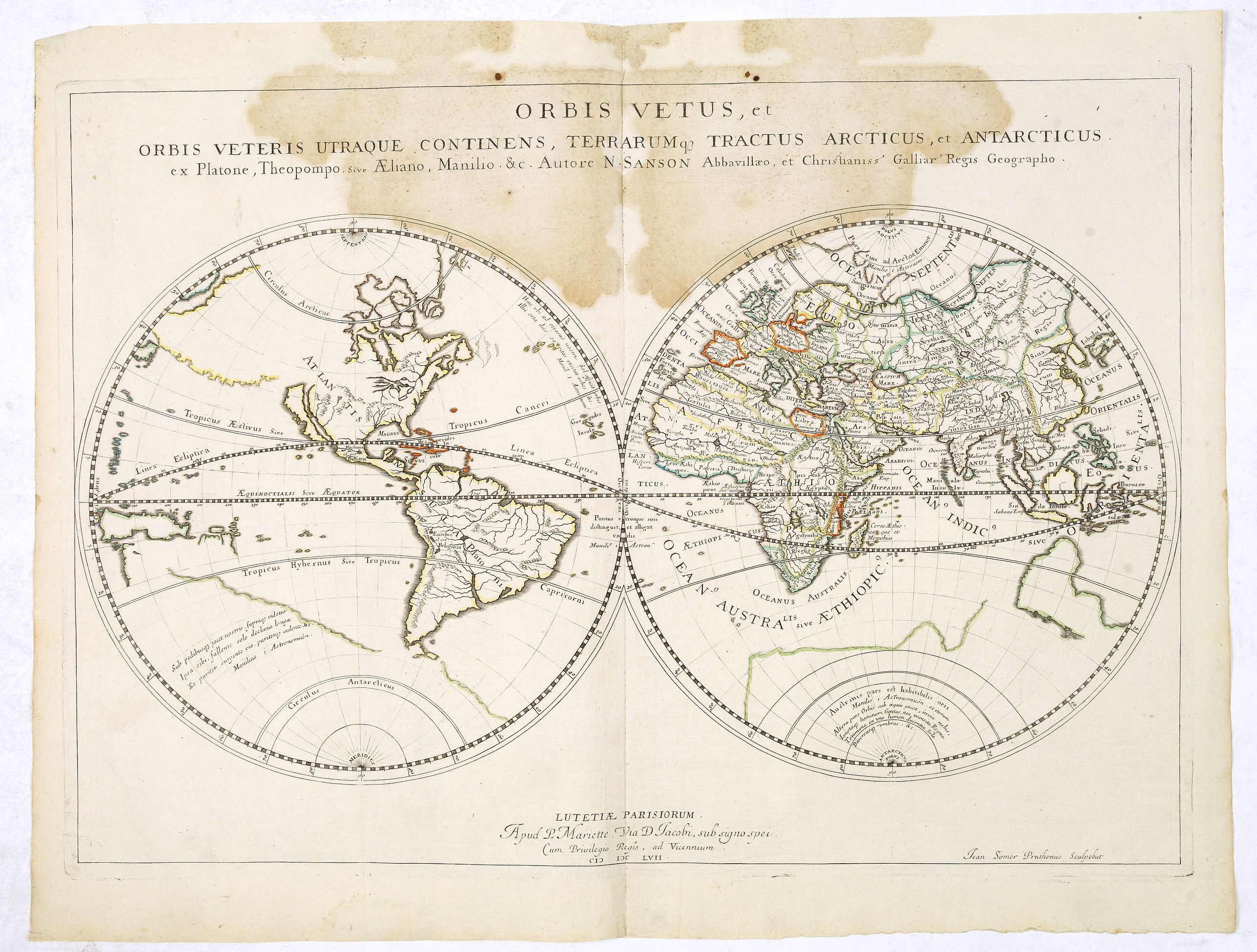 MARIETTE, P., Orbis Vetus, et Orbis Veteris, utraque Continens, Terrarumq Tractus Arcticus, et Antarcticus ex Platone, Theopompo sive Aehano, Manilio . . . MDCLVII, antique map, old maps