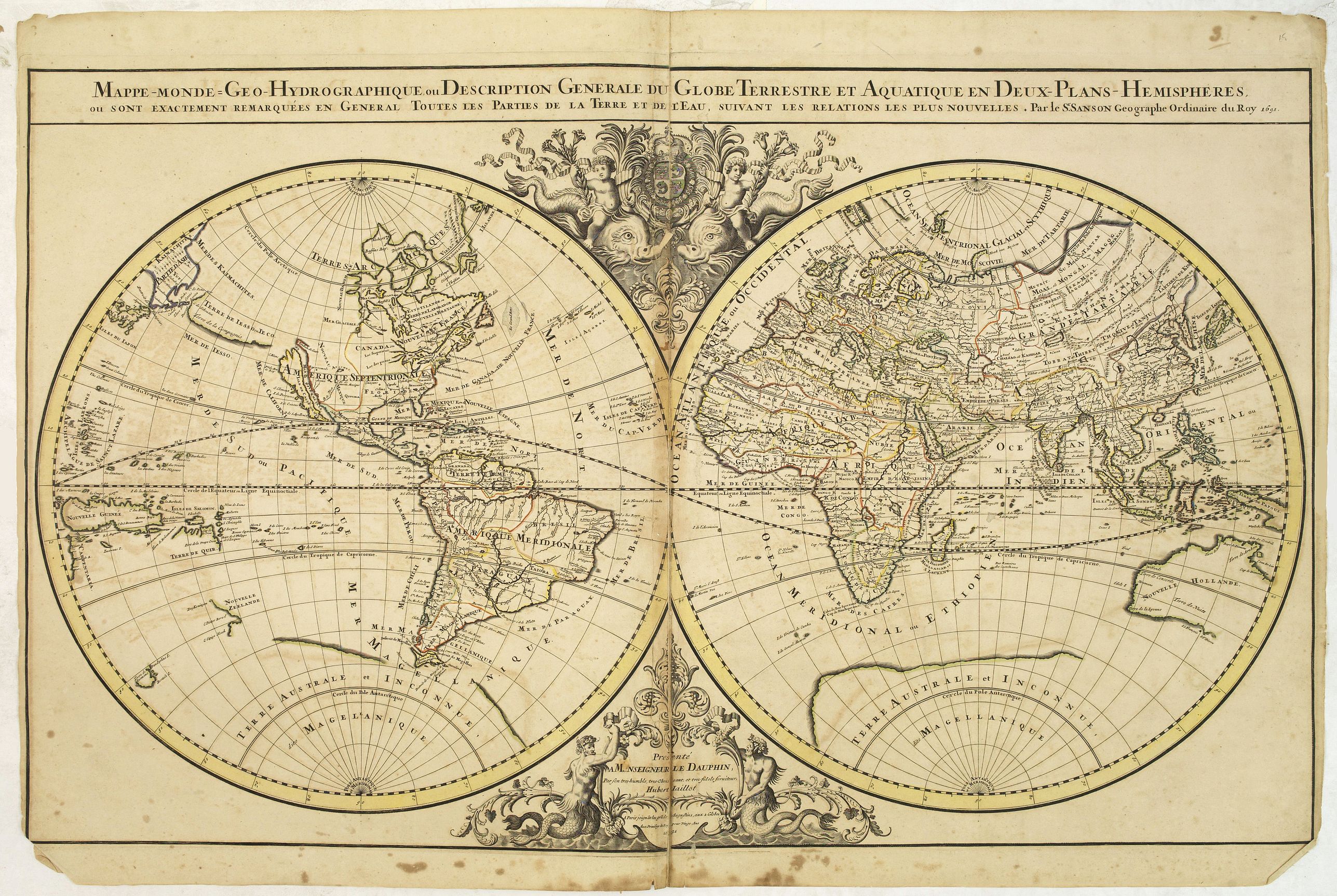 JAILLOT, A.H., Mappe-Monde Geo-Hydrographique, ou Description Generale du Globe Terrestre et Aquatique en Deux Plans-Hemispheres ou Sont Exactement Remarques en General Toutes Les Parties De La Terre et de L'Eau, Suivant les Relations Les Plus Nouvelles. . ., antique map, old maps