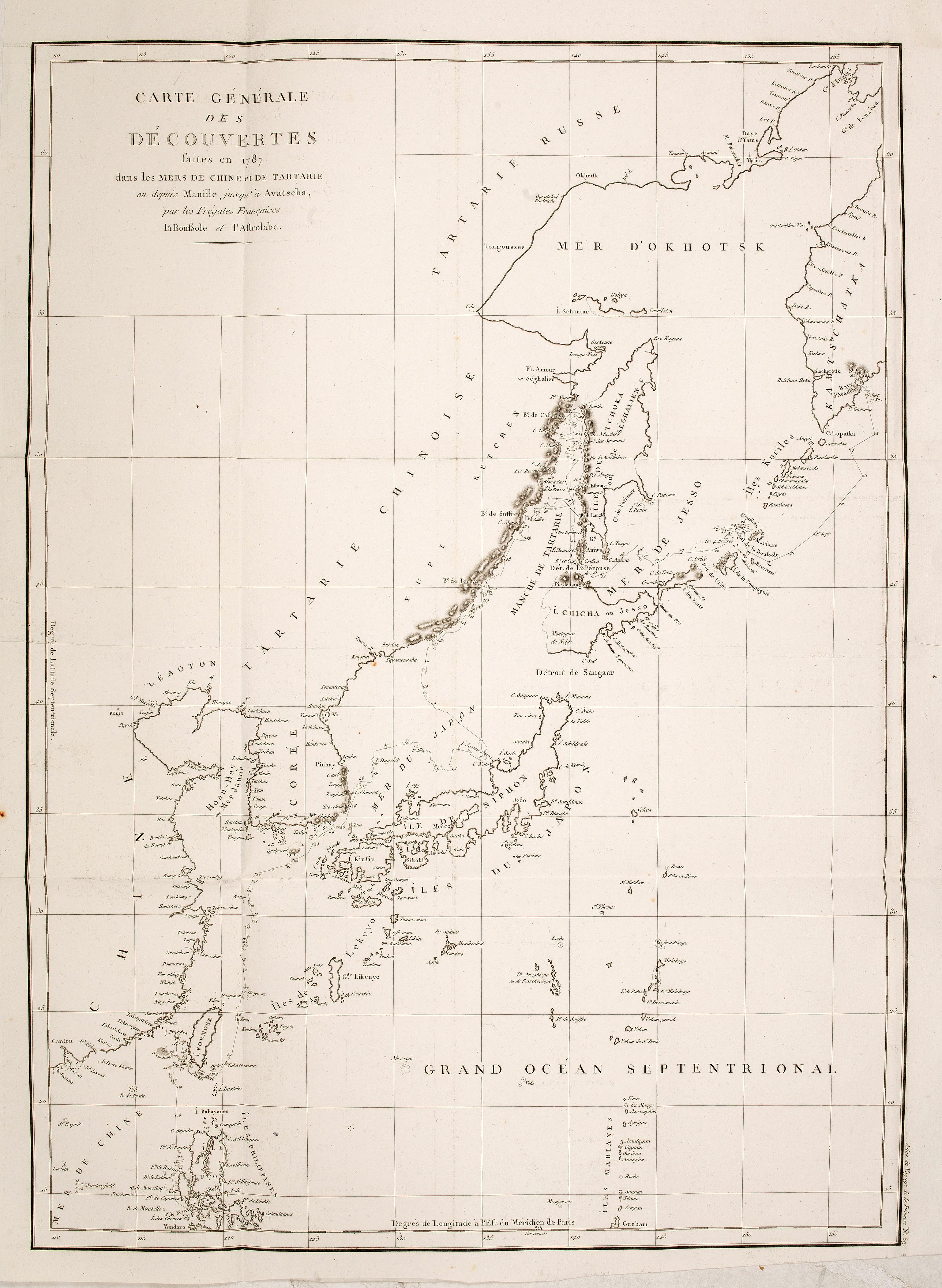 LA PÉROUSE, J.F.G., Carte Generale des Decouvertes Faites en 1787 dans les Mers de Chine et de Tartarie ou depuis Manille jusqu'a Avatsch. . ., antique map, old maps