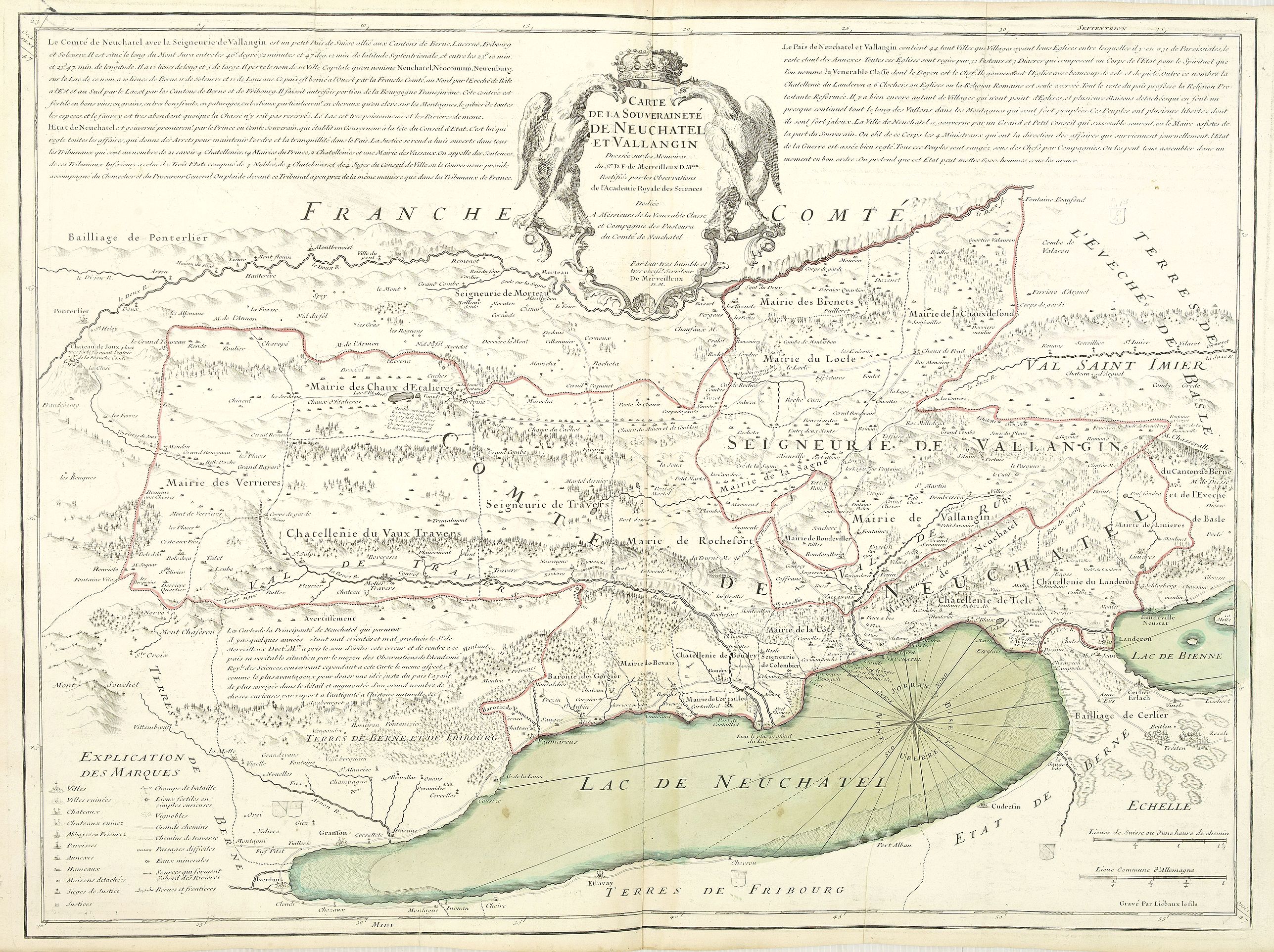 DE L'ISLE, G., Carte de la Souverainete de Neuchatel et Vallangin. . ., antique map, old maps