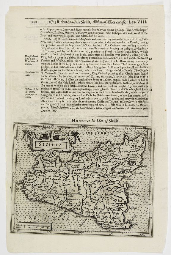 HONDIUS,J./ PURCHAS,S., Sicilia., antique map, old maps
