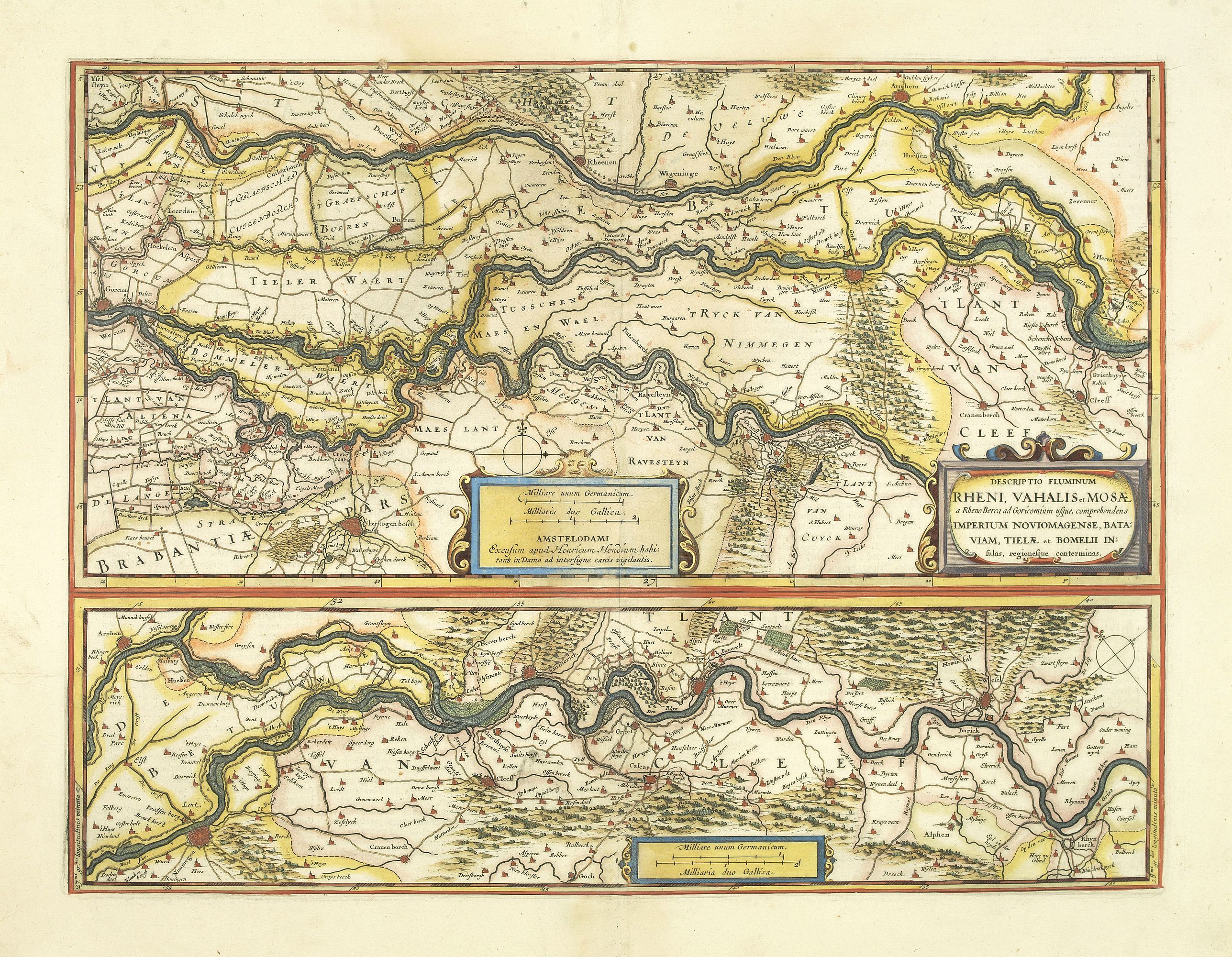 HONDIUS, H., Descriptio fluminum Rheni, Vahalis et Mosae., antique map, old maps