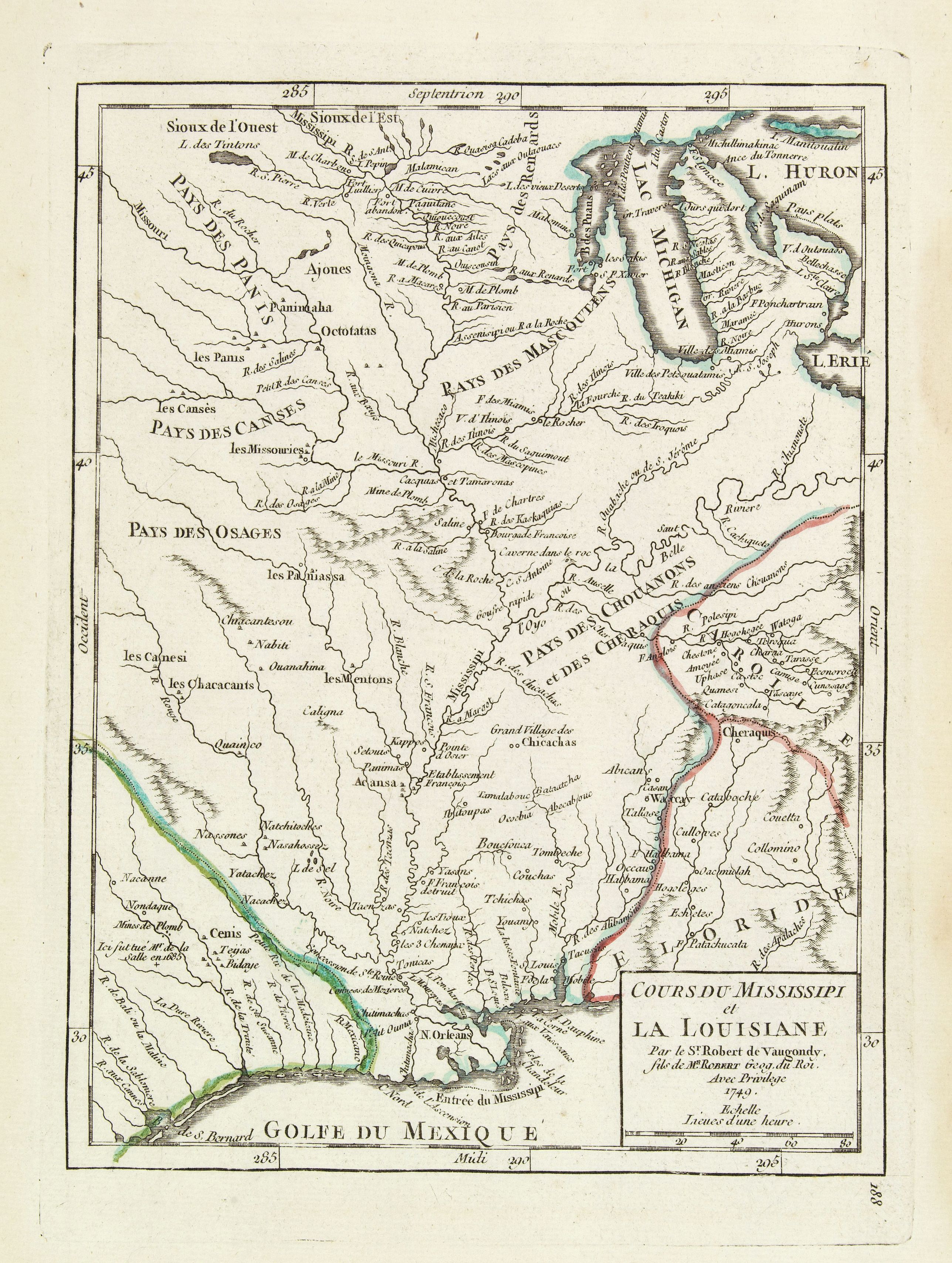 VAUGONDY, R. de, Cours du Mississipi et La Louisiane. . ., antique map, old maps