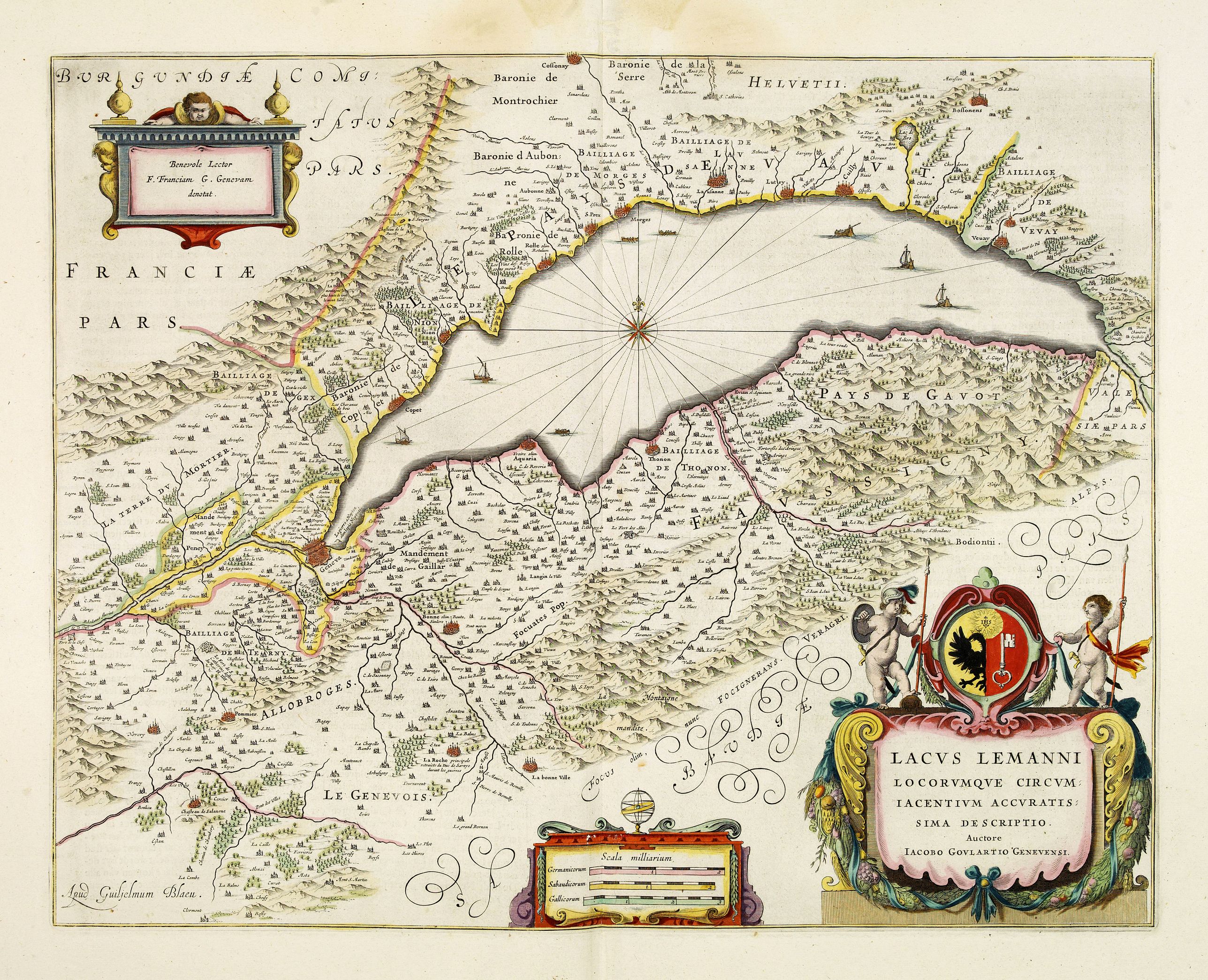 BLAEU, W., Lacus Lemanni Locorumque circumiacentium Accuratissima descriptio. . ., antique map, old maps