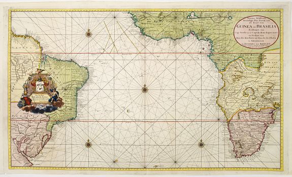 VAN KEULEN,J., Nieuwe Wassende graadige Pas-kaart van de kust van Guinea en Brasilia.., antique map, old maps