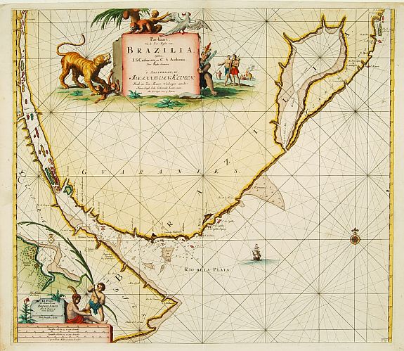 VAN KEULEN,J., Pas-kaart van .. Brazilia tusschen I.S.Catharina en.., antique map, old maps