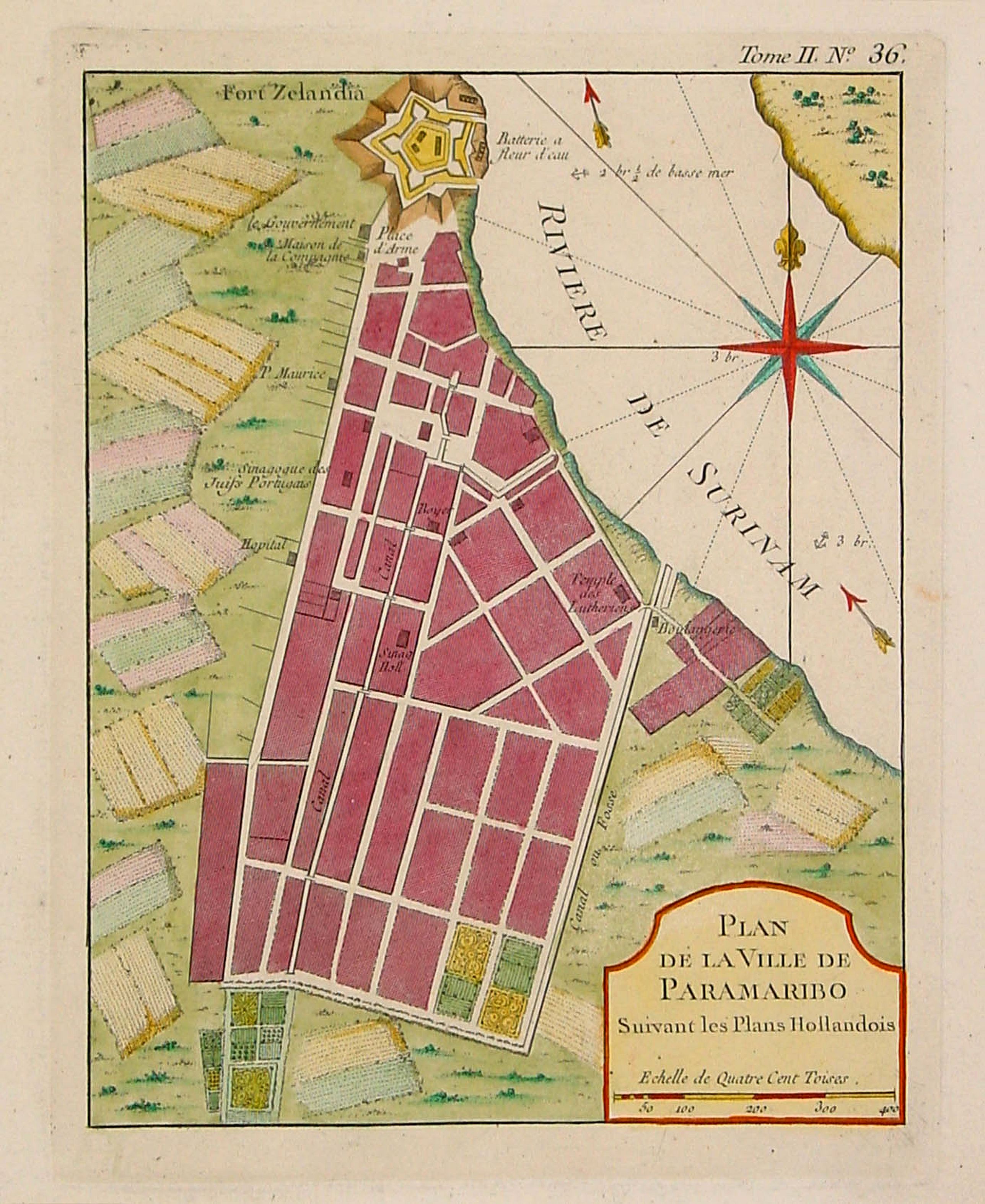 BELLIN,N., Plan de la Ville de Paramaribo Suivant les Plans Hollandois, antique map, old maps