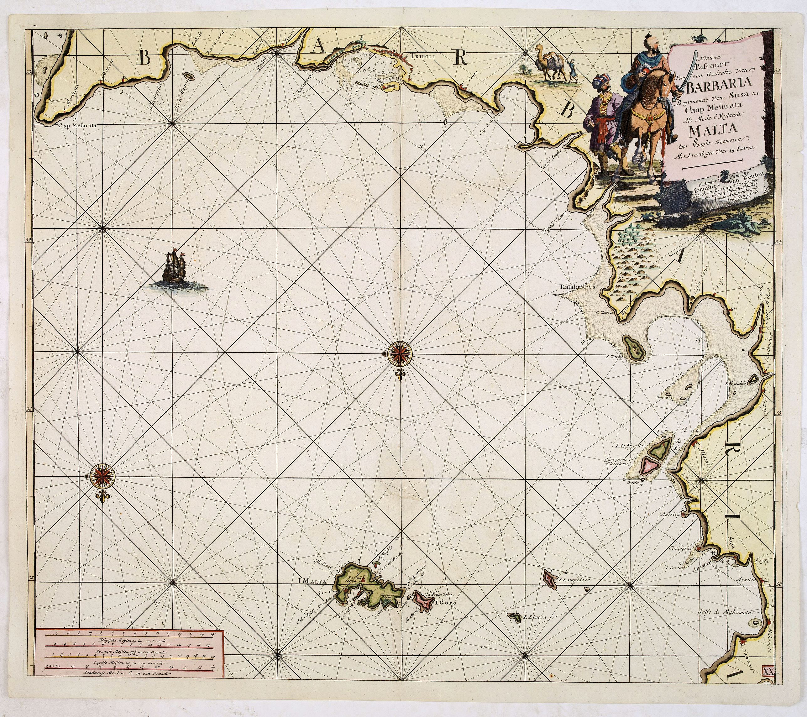 VAN KEULEN, J., Nieuwe Pascaart Voor een gedeelte van Barbaria Beginnende Van Susa tot Caap Mesurata Als Mede t'Eylandt Malta . . ., antique map, old maps