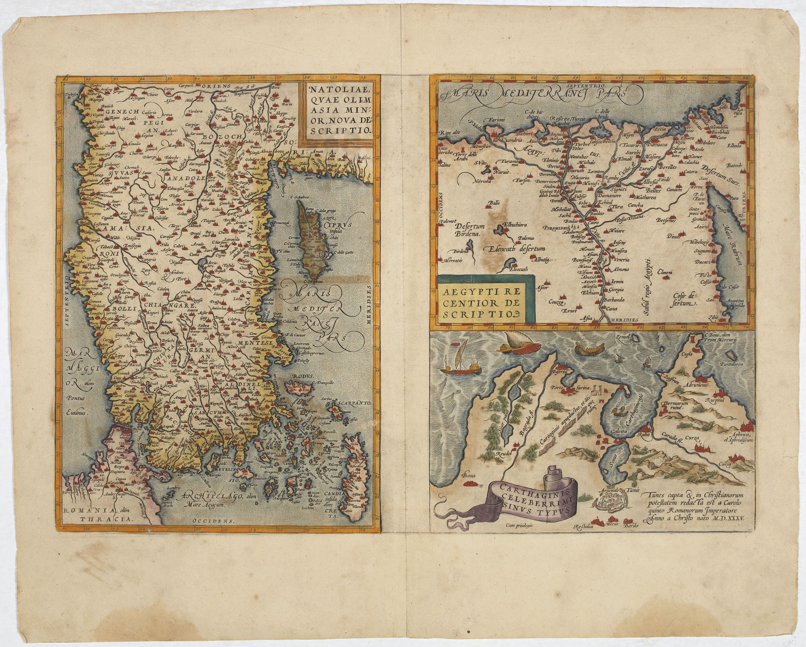 ORTELIUS, A., Natoliae..Aegypti recentior..Carthaginis (3 maps on 1 sheet), antique map, old maps