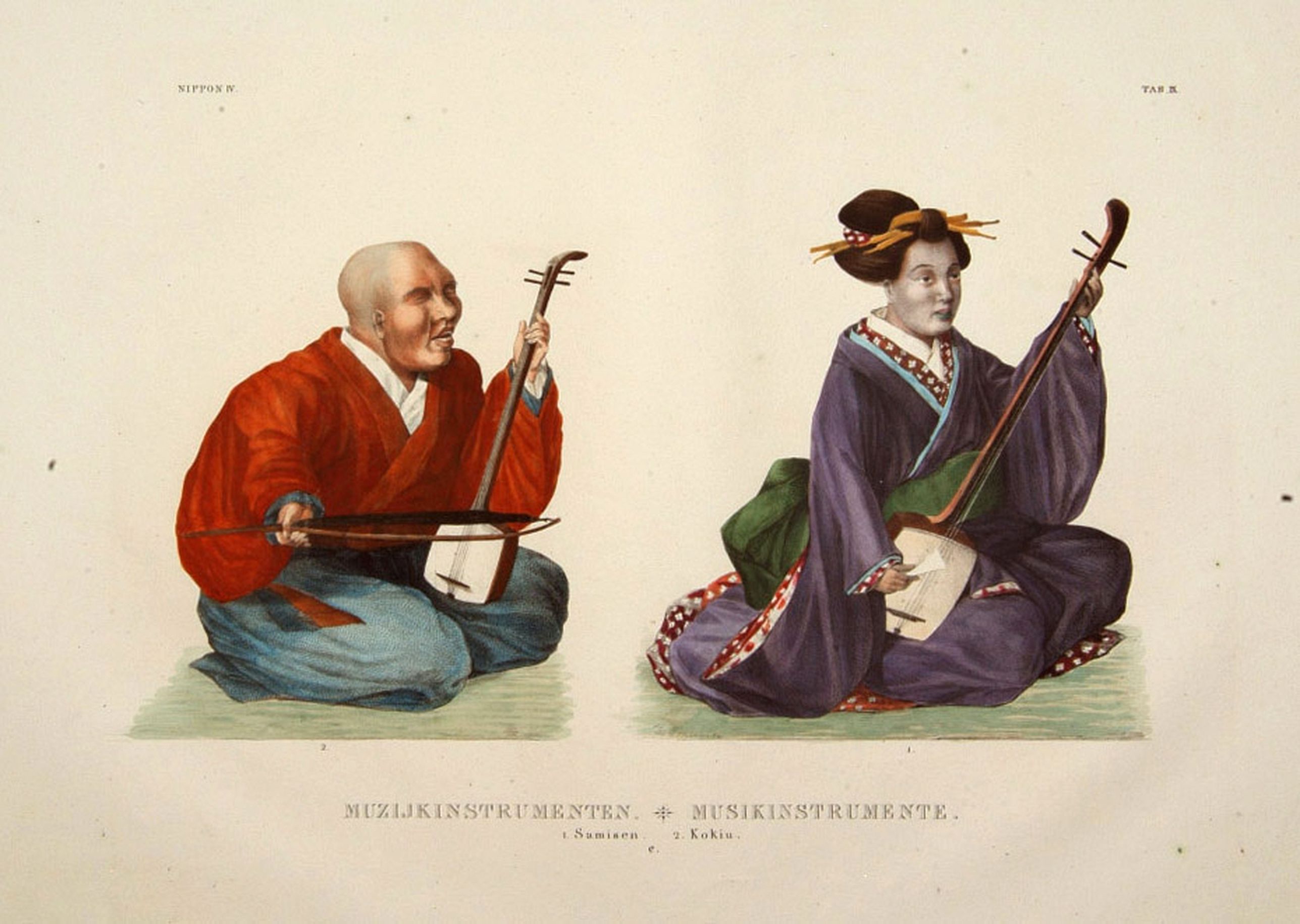 VON SIEBOLD, P.Fr.B., Muzijkinstrumenten - Samisen / Kokiu., antique map, old maps