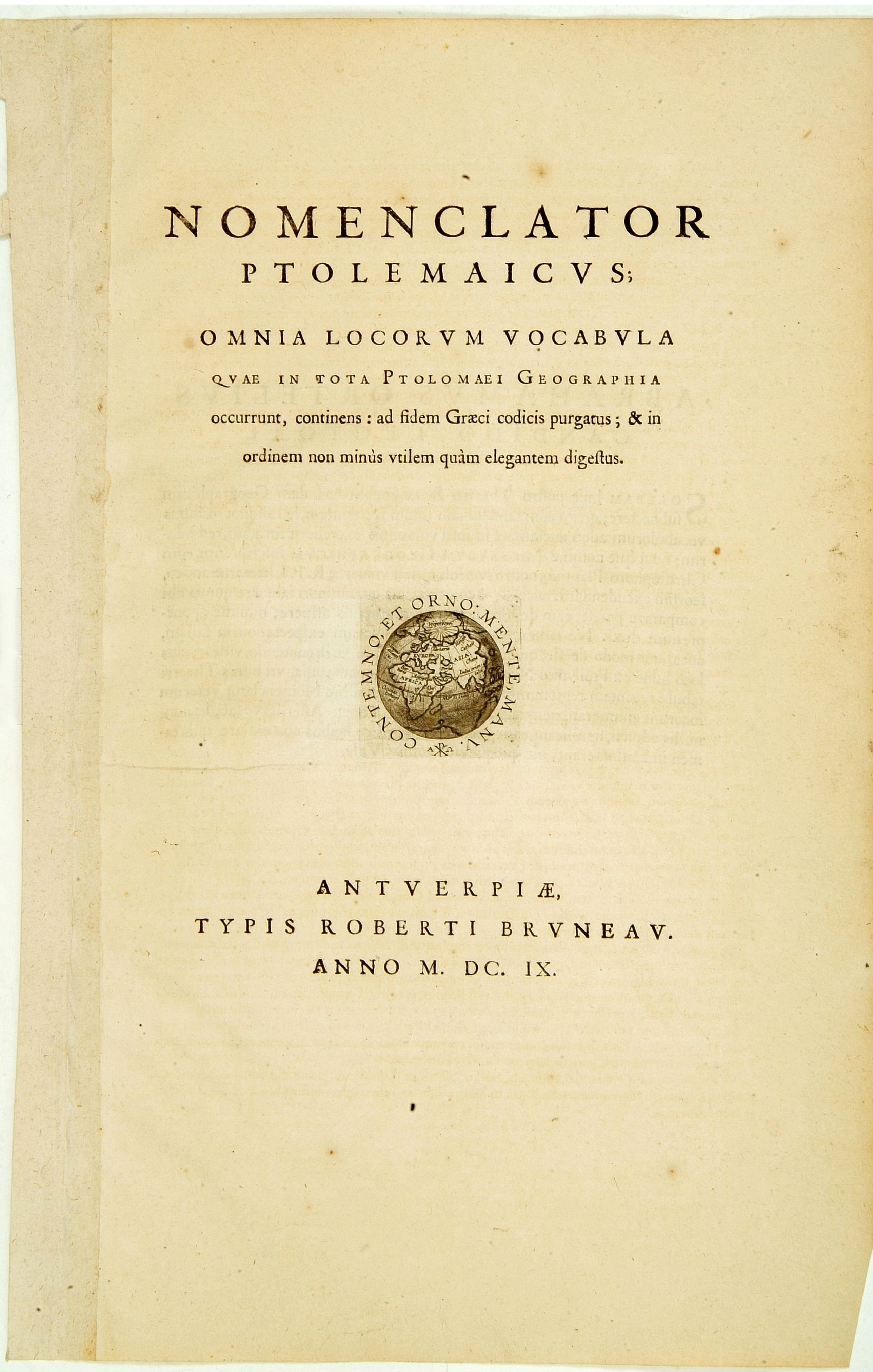 ORTELIUS, A., Titlepage: Nomenclator Ptolemaicus.., antique map, old maps
