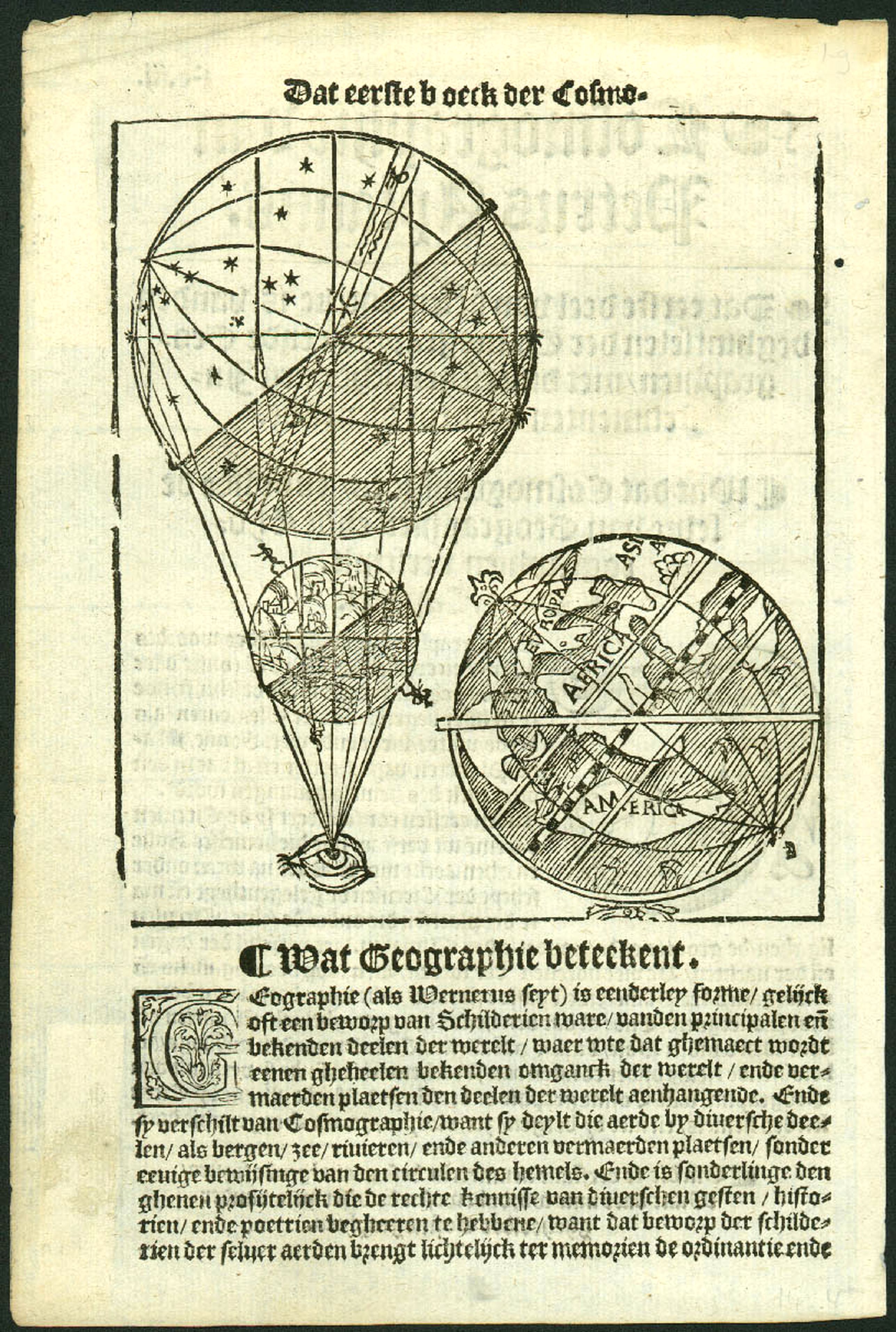 APIANUS, P., Printed leaf with woodcut globe., antique map, old maps