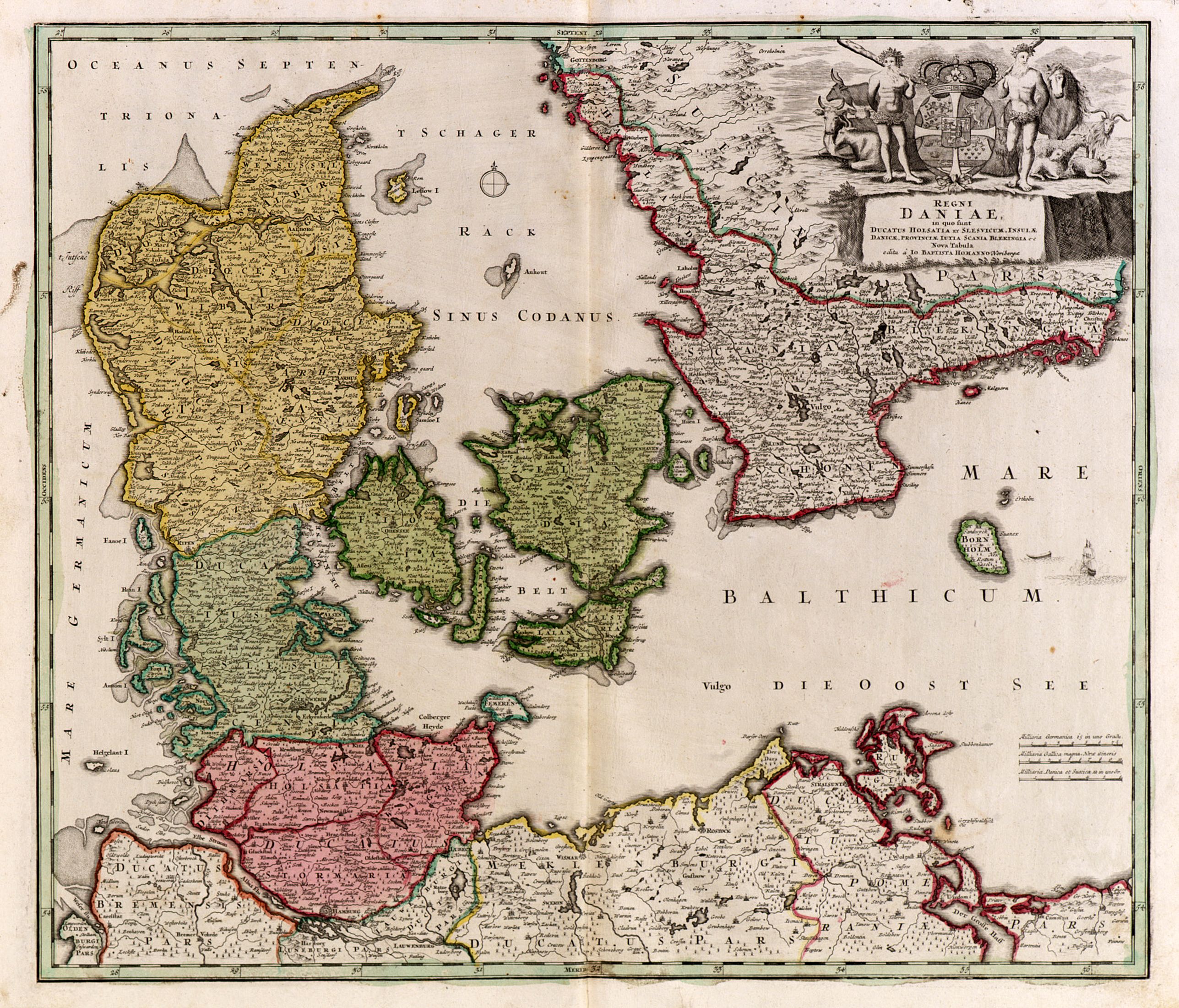 HOMANN,J.B., Regni Daniae, in quo sunt Ducatus Holsatia.., antique map, old maps