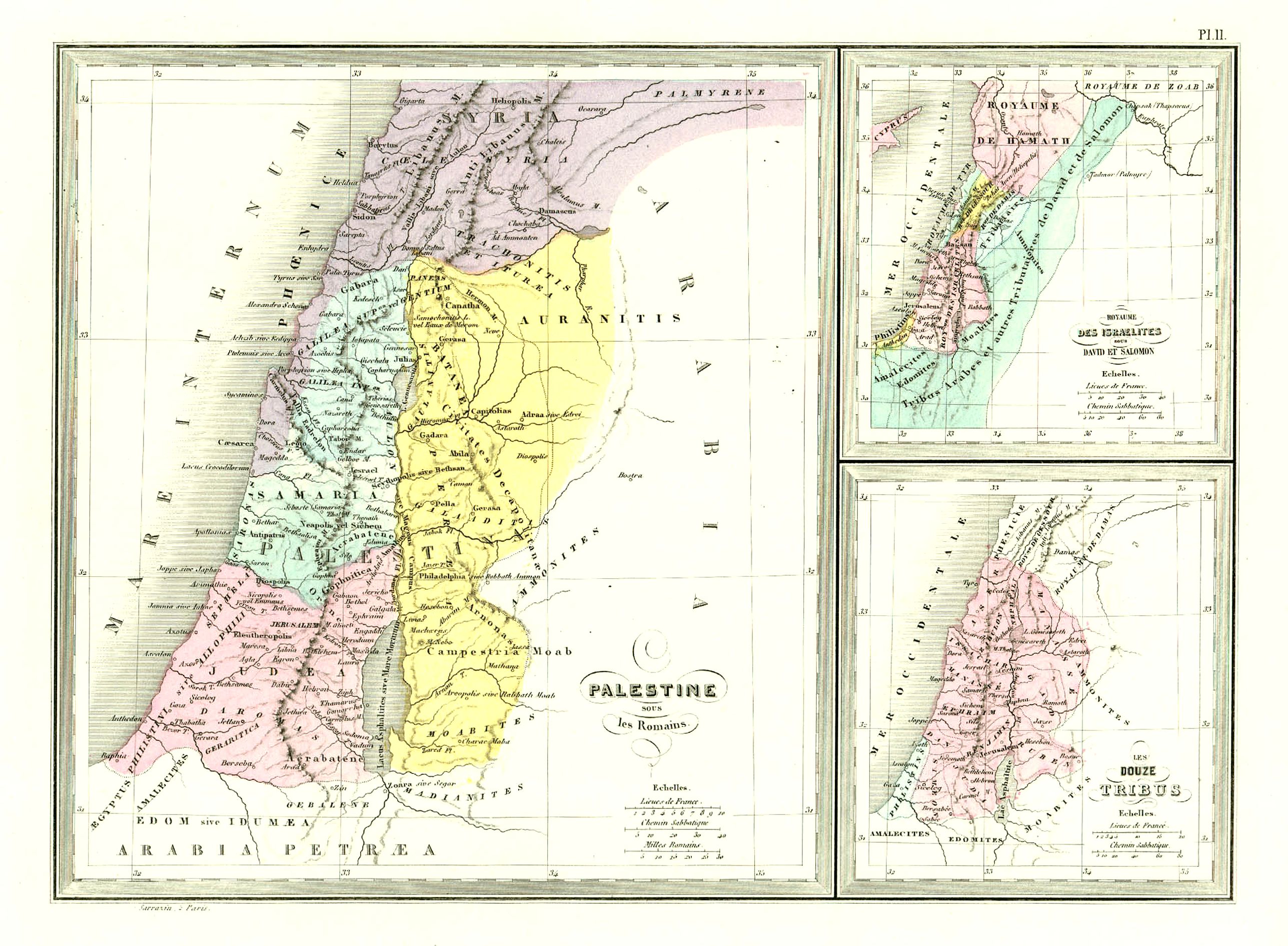 GARNIER FRÉ:RES, Palestine .. Romains/ .. David et Salomon./ Douze tribes, antique map, old maps