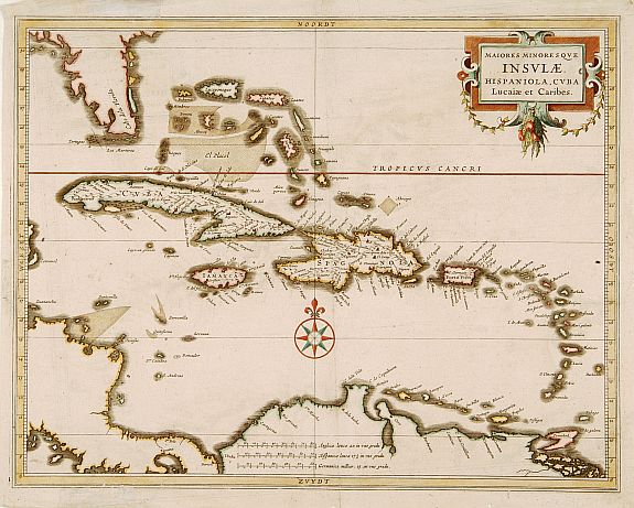 LAET, DE J./ GERITSZ,H., Maiores minores que Insulae Hispaniola, Cuba Lucaia.., antique map, old maps