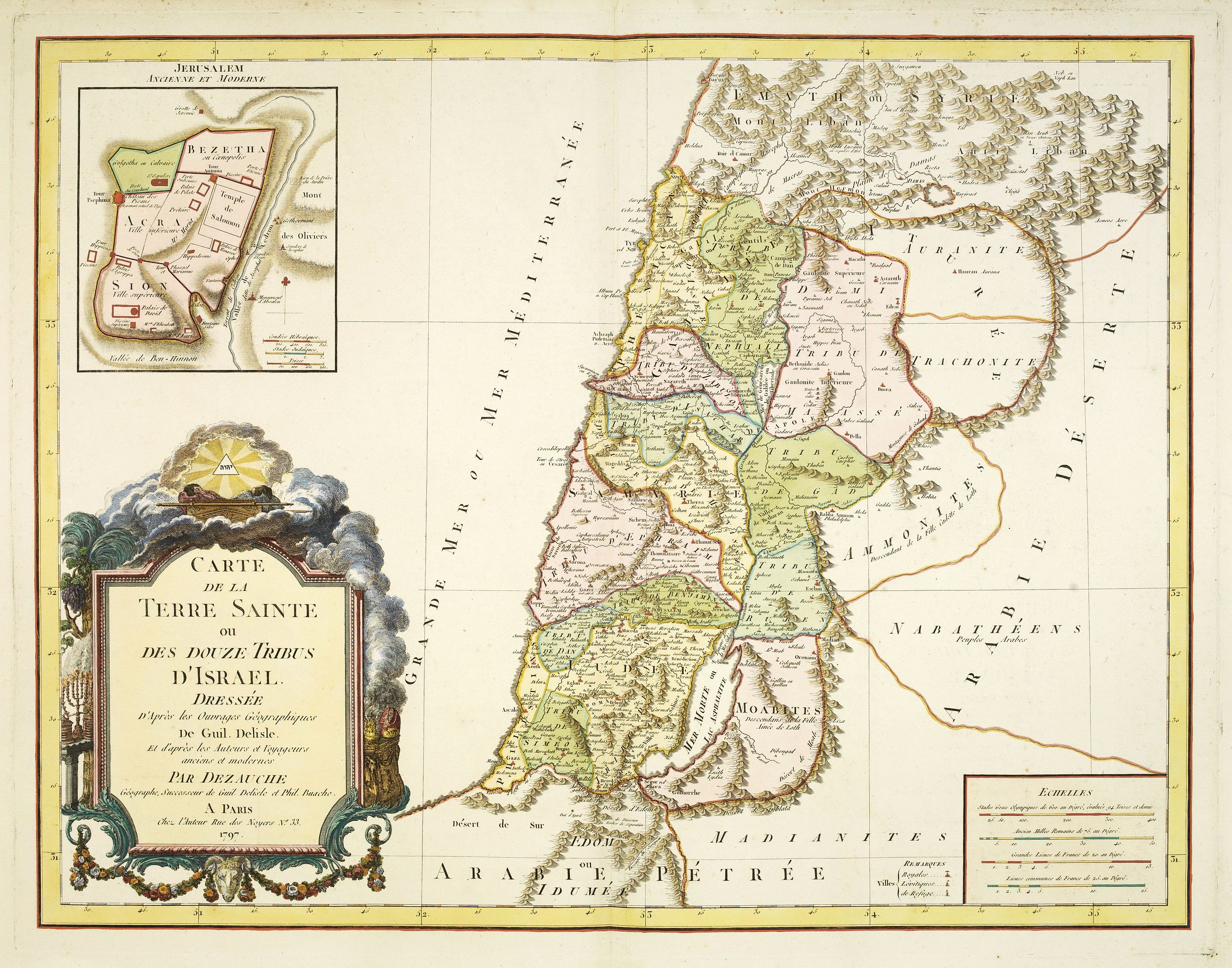DE L'ISLE / DEZAUCHE, Carte de La Terre Sainte ou des douze tribus d'Israel. . ., antique map, old maps