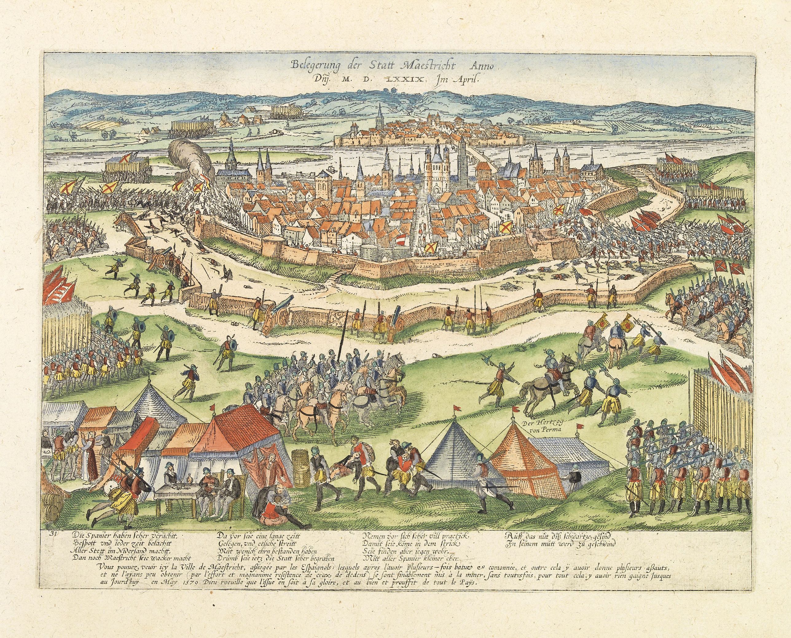 HOGENBERG, F., Belegerung der statt Maestricht Anno Drij MDLXXIX Im April., antique map, old maps