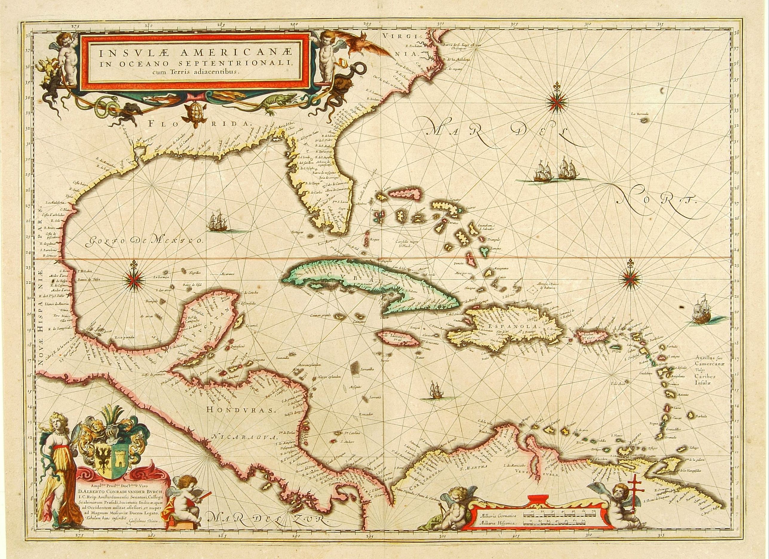 BLAEU, W., Insulae Americanae in Oceanus Septentrionali cum Terris.., antique map, old maps