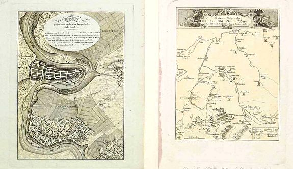 LOT of 2 plates., Bern gegen das Ende des dreyzehnten j./ Kriegs-Schauplatz.., antique map, old maps