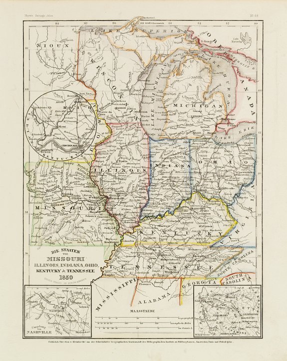 MEYER, Die Staaten von Missouri, Illinois, Indiana, Ohio, Kentucky., antique map, old maps